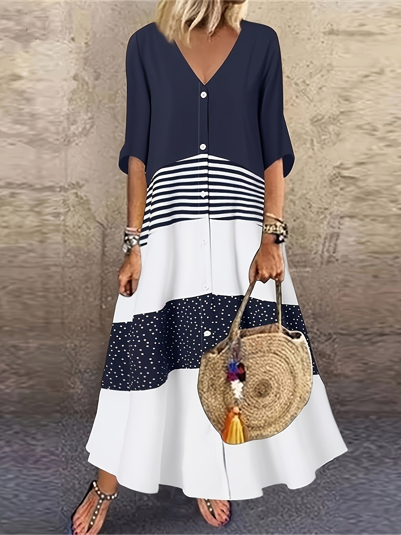 Elegant Color-Block Long Dress with Button Decorations, V-Neck, Three-Quarter Sleeve, and Polka Dot Print - Versatile Casual Dress for All Seasons, Adult, Casual Wear|Vneck Dress|Polyester Fabric